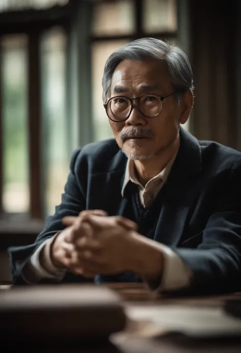 asian professor，old old，is handsome，Oil head，Put it on the table with one hand