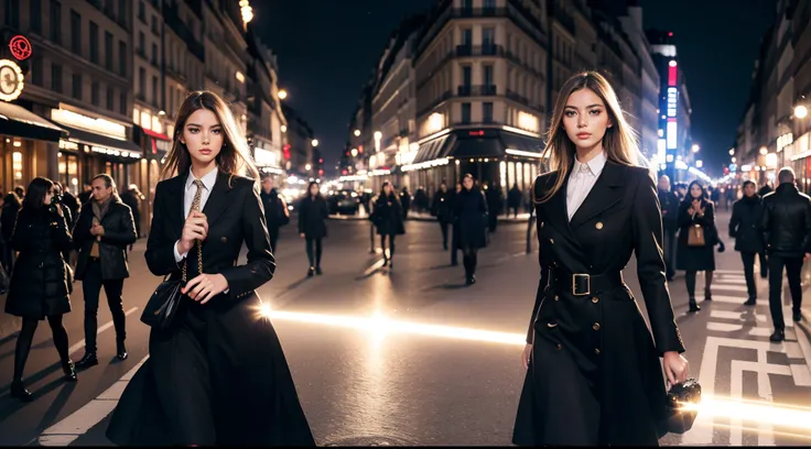 fashionable woman walking down a busy city street in a dress, super model, mesmerizing, (wearing luxury dress), (camera flash), in time Paris, street photography style, shot on hasselblad, (long exposure), (lens flare)