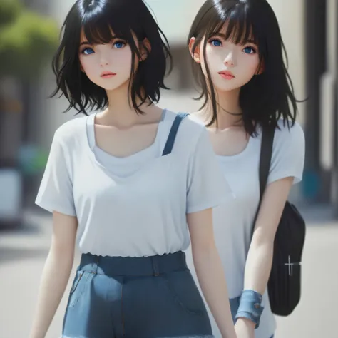 1girl, short black hair, blue eyes, wearing plain white shirt, denim shorts, city, absurdres, high res, ultrasharp, 8K, masterpiece, looking at viewer