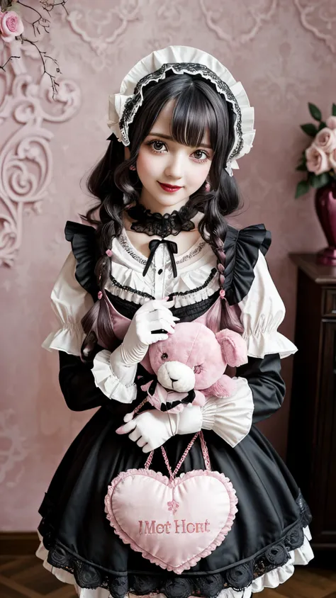 1girl in, Photo, masutepiece, Bedroom Swita Lolita in Gothic Gothic Interior, The shape of the heart on the cheek, Blush pink makeup, gloves, Smile, pastel color, ornate, Broderry, Hugging a stuffed animal, Bokeh,