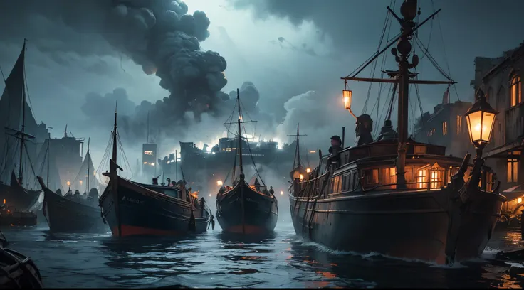 (Dark Fantasy)
(noite) Rain marks in the water. Storm in the ruins. A colossal harbor with a myriad of small black steam-powered boats in the background.