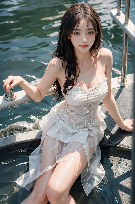 ((from above)),(best quality,ultra-detailed,photorealistic),beautiful detailed eyes,beautiful detailed lips,youthful female model,sweet girl dress,strapless dress,jewelry,saturated,wet all over,open sea,blue sky and clouds,on a yacht, leaning against the r...