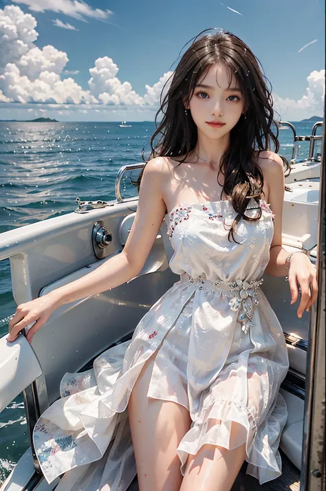 (full body),(best quality,ultra-detailed,photorealistic),beautiful detailed eyes,beautiful detailed lips,youthful female model,sweet girl dress,strapless dress,jewelry,saturated,wet all over,open sea,blue sky and clouds,Surfing on a sailboat, leaning again...