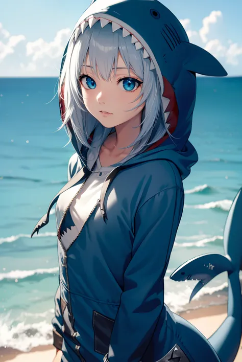 guragawr, gura gawr, blue hair, grey hair, medium hair, multicolored hair, shark girl, sharp teeth, two side up, teeth,
BREAK (animal hood:1.5), blue nails, fins, fish tail, hood, long sleeves, (shark hood:1.5), shark tail, tail,
BREAK looking at viewer,
B...