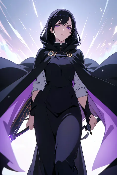 (best quality, high resolution), ultra-detailed, woman, young, 19 years old, swordsman, long black hair hanging down, snow-white skin, calm eyes, emotionless, bright purple eyes, long black uniform, black cape with hood. purple light background.