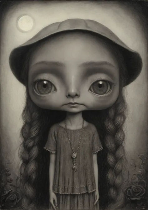 Un primer plano de un dibujo de una hermosa mujer, inspirado en Santiago Caruso, inspirado por Alfred Kubin, Estilo Mark Ryden, Mark Ryden en el estilo de, alien portrait, Old - Dark School Fantasy Art, Retrato de un duende, Anton Semenov, portrait of a sp...