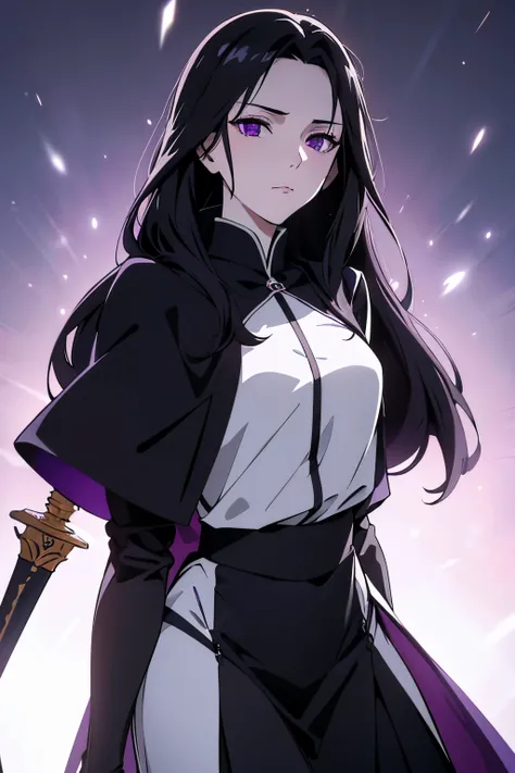 (best quality, high resolution), ultra-detailed, woman, young, 19 years old, swordsman, long black hair hanging down, snow-white skin, calm eyes, emotionless, bright purple eyes, long black uniform, black cape with hood. purple light background.