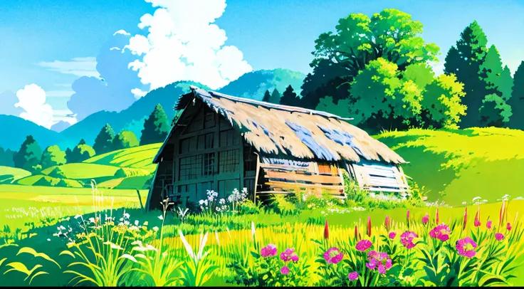 a small wooden hut on a meadow, grasses, flower plants, blue sky, big white clouds, ghibli style, anime style, digital art, magn...