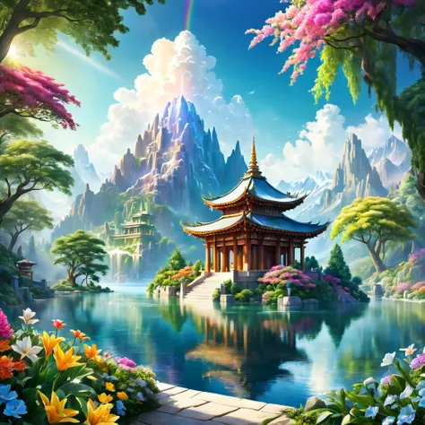 A fantastic temple in a utopian world,Rainbow color illustration,detailed architecture,serene atmosphere,majestic mountains,serene lake,abundant vegetation,colorful flowers,clear blue sky,peaceful environment,sunlight filtering through trees,dreamlike surr...