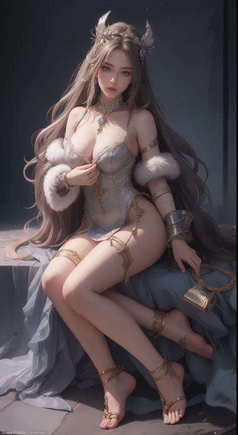 tmasterpiece，Highest image quality，Beautiful full body of a humble sex slave，Clear  eyes，Decorated with metal collars and fur garments，metalcollar，Barefoot，handcuff，gender ，Ultra-detailed details，advanced，At the Pixiv Art Station，Break your own power，Luigi...