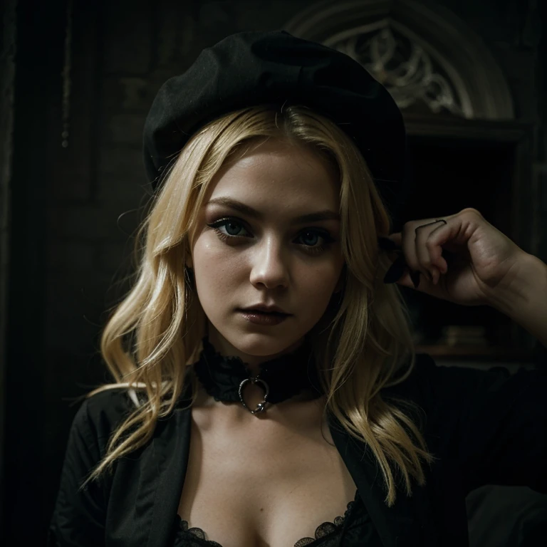 young beautiful blonde hair girl, gothic and scary atmosphere