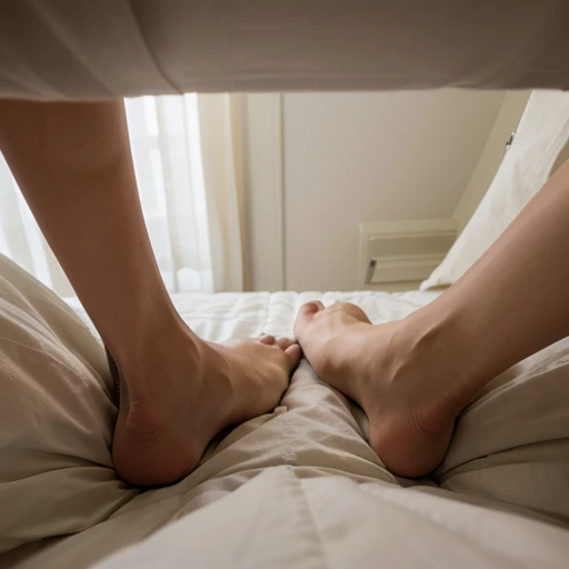 (best quality, masterpiece1.2), intricate detail, looking down at feet, in a bed, view from top of bed, pov of person