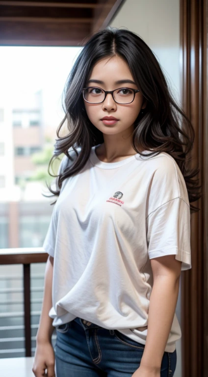 photo of a woman, wavy hair, indonesian woman, 27 years old, wearing glasses, looks gorgeous, wearing casual fashion, medium shot, white backround, photography, realistic, professional photo