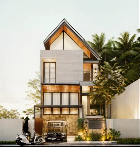 raw photo, outdoor, (residential architecture exterior:1.3), 1 house architecture, (elegant), singapore tropical modern house st...