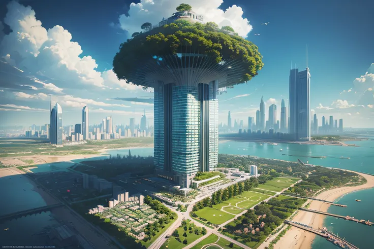 Imagine and depict (ideal city) (future) in which order reigns, comfort, tranquility; the city is protected from external influences, City of High Technologies, the city is based on high technology, brightly, purely, a lot of green vegetation, the trees, F...