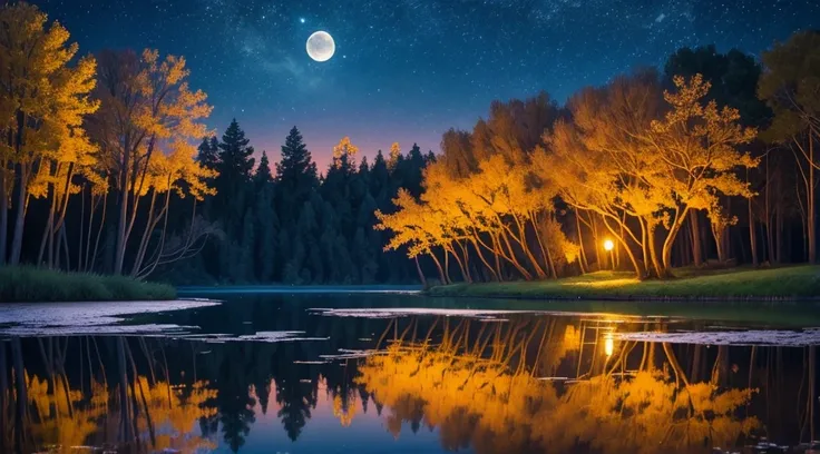 masterpiece, best, night, full moon, beautifull lake, trees, lillys on lake,