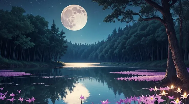 masterpiece, best, night, full moon, beautifull lake, trees, lillys on lake,