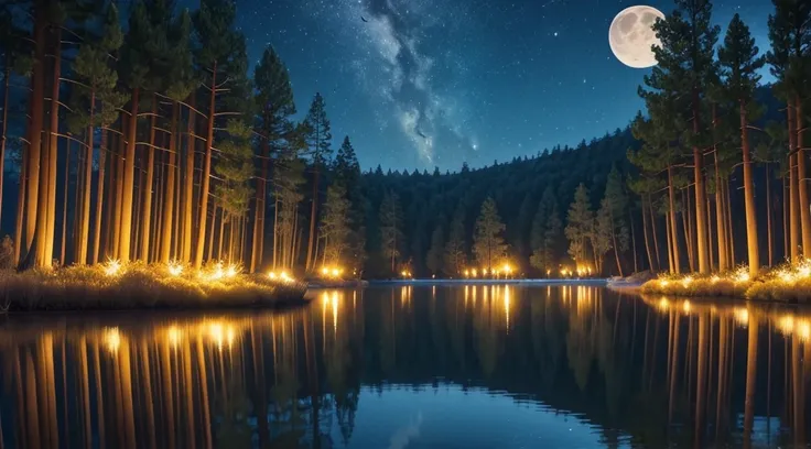 masterpiece, best, night, full moon, beautifull lake, trees, lillys on lake,