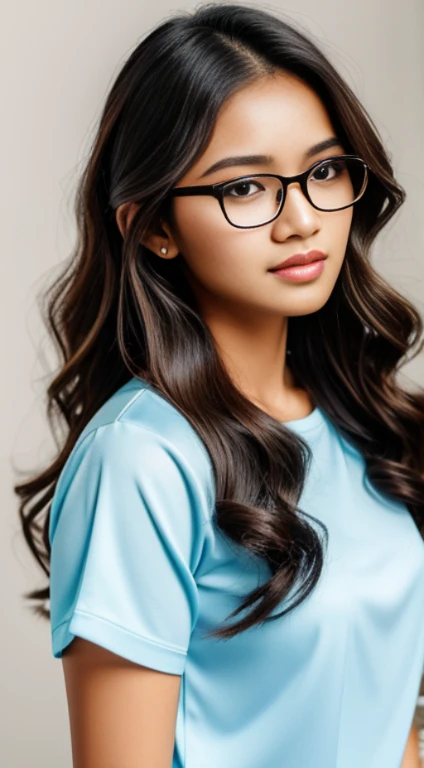 photo of a woman, wavy hair, indonesian woman, 27 years old, wearing glasses, gorgeous, wearing casual fashion, medium shot, white backround, studio background, plain background, photography, realistic, professional photo