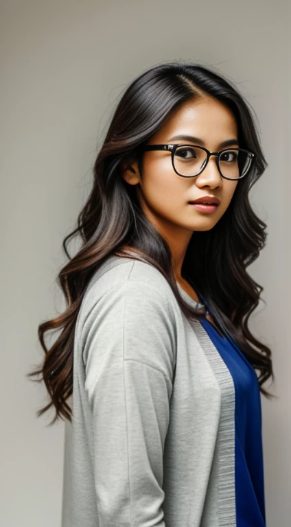 photo of a woman, wavy hair, indonesian woman, 27 years old, wearing glasses, gorgeous, wearing casual fashion, medium shot, white backround, studio background, plain background, photography, realistic, professional photo