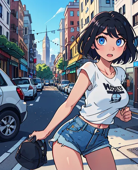 1girl, short black hair, blue eyes, Breasts wearing plain white shirt, denim shorts sexy , city, absurdres looking at viewer