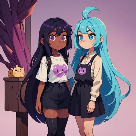 2 black girls with, long light blue hair and eyes, and long purple hair and eyes,kawaii clothes,black skinned girls