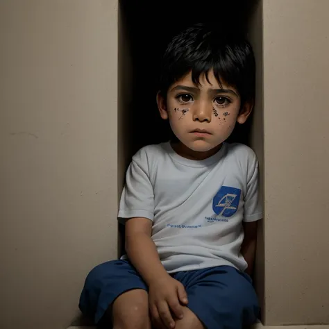 7 year old Gabriel Fernandez seating in a tight corner, with tear rolling his eyes, injure marks in his body, realistic