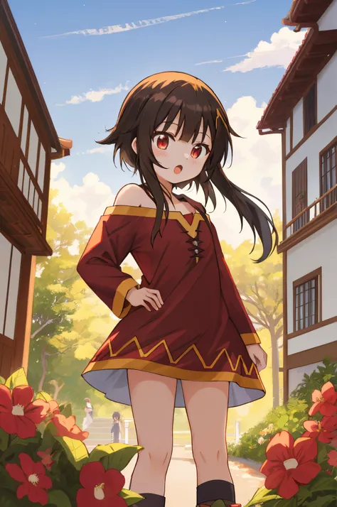 1girl (Megumin)em、only one、saia pelo、cabelo castanho curto、red eyes、saia branca、A camisa、saia plissada、comprimento do cabelo、sentado;、roupas natalinas、camisa branca、manga comprida、sapato branco、colar de natal、Ryōbi, em casa、Bancos、loop tape、Floral、meias、sa...