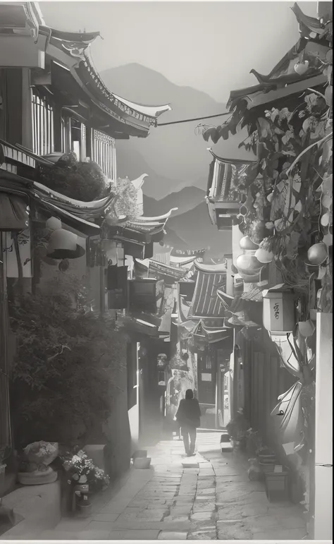 A woman walks in a narrow alley，Lanterns hanging on buildings, Dream China Town, China Village, ancient city streets behind her, In a narrow Chinese alley, Chinese Ancient Architecture, Chinese architecture, Japan town, Chinese, Chinese heritage, narrow an...