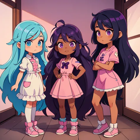 3 black girls with, long light blue hair and eyes, and long bright purple hair and eyes, and long light pink hair, kawaii clothes,black skinned girls