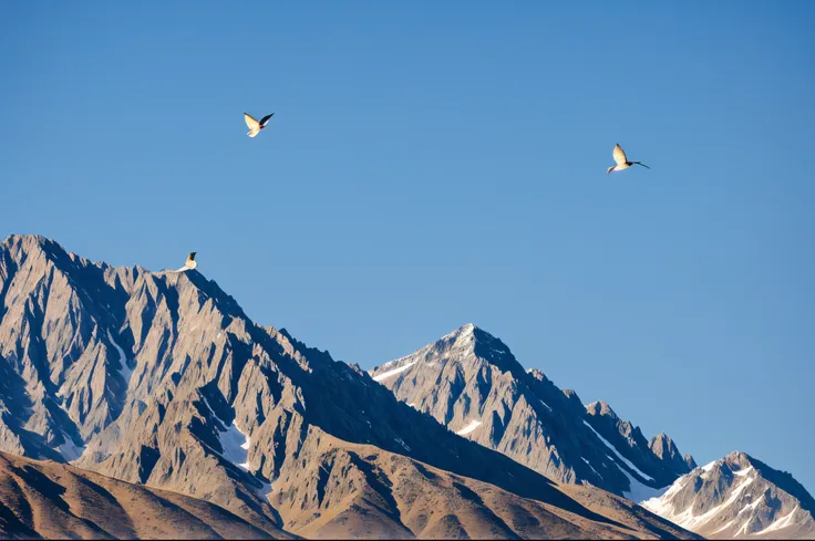 A blue bird flying away from a mountain