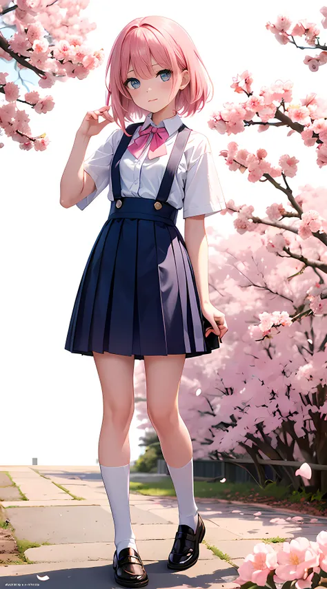 masterpiece, fullbody, 1girl, solo, standing, pink color tone, manga style, pink sakura blossom nearby,14yo, pink hair, blue suspender skirt uniform, white shirt, blue neck bow tie, (white background), looking at the viewer, side front view pose