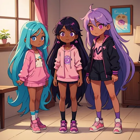 3 black skinned girls with, long light blue hair and eyes, and long bright purple hair and eyes, and long light pink hair, kawaii clothes,all black skinned, black skinned girls