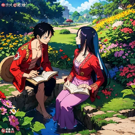 anime couple Luffy,Hancock in a field of flowers overgrown with flowers, official fanart, monkey d Luffy, boa Hancock, reading book, onepiece beautiful anime art style, beautiful anime, 4 k manga wallpaper, high quality anime art Style