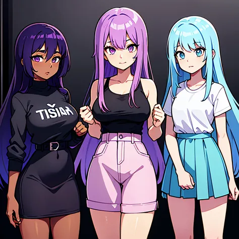 3 black skinned girls with, long light blue hair and eyes, and long bright purple hair and eyes, and long light pink hair, casual clothes,all black skinned, black skinned girls