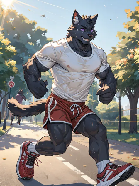 furry,bara,cats,masculine,all black feathers,purple eyes,no shirt..,he wore red and white striped shorts.,wear running shoes.,mu...