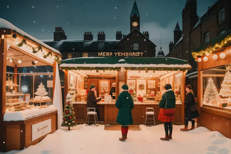 Year: 2022. Setting: Edinburghs Contemporary Christmas Market, Scotland.
*Description: Modern characters, wrapped in cozy winter jackets, explore a Christmas market with sleek stalls offering handmade crafts and seasonal treats. Fairy lights and contempora...