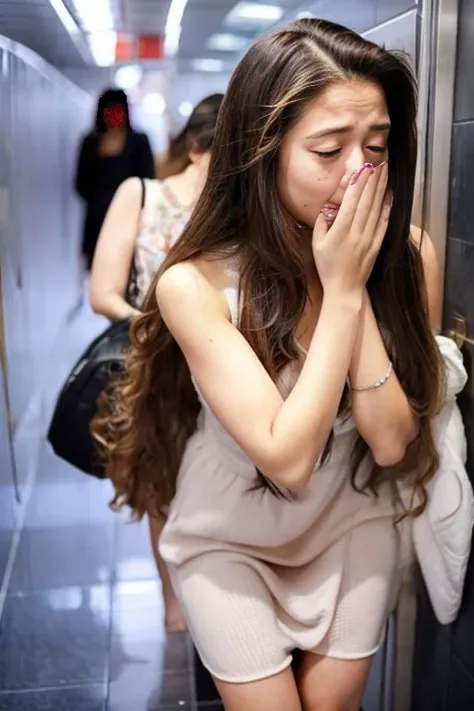 1girl with long hair and dress, 1 girl is taking to lavatory, Looking away,  Standing,  embarrassed, blush, Keep ones mouth shut,  Street (girl is peeing self:0.7) (Girl Leaking Pee)