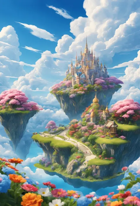 A beautiful utopian world, full of flowers and fluffy white clouds and blue skies.