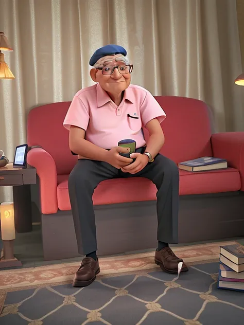 A wise old man standing in front, illuminated by the light of a lamp, against the backdrop of a library