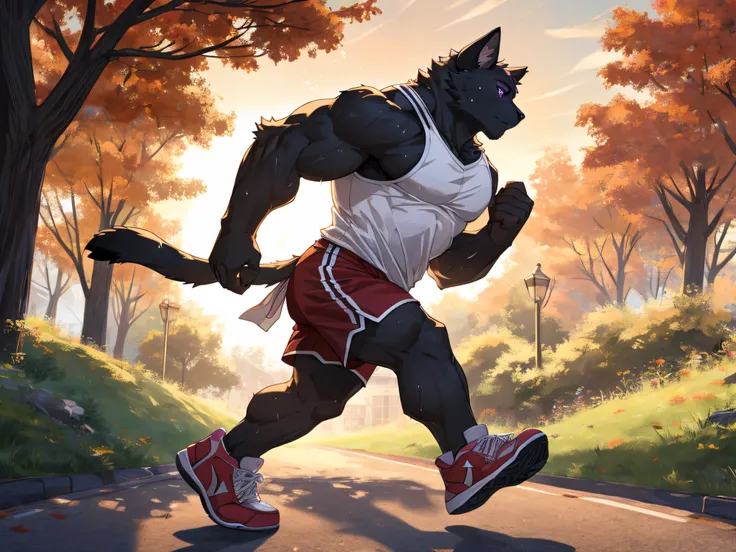 furry,bara,cats,masculine,All black feathers,purple eyes,No shirt..,He wore red and white striped shorts.,Wear running shoes.,muscular,Running in the park,The sun is about to set..,There are clear sweat stains on the body..