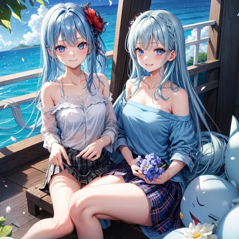 Blue-haired、blue eyess、one good looking girl、animesque、lightly dressed、Plaid miniskirt、flower petals、bare-legged、wetting hair、Black T-shirt、sitting on、Smiling、sea of clouds