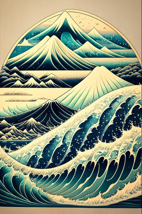 ukiyoe painting。Mt fuji。Mare。A small boat on the sea。Mt. Fuji is one。White waves。Big wave。etchings。