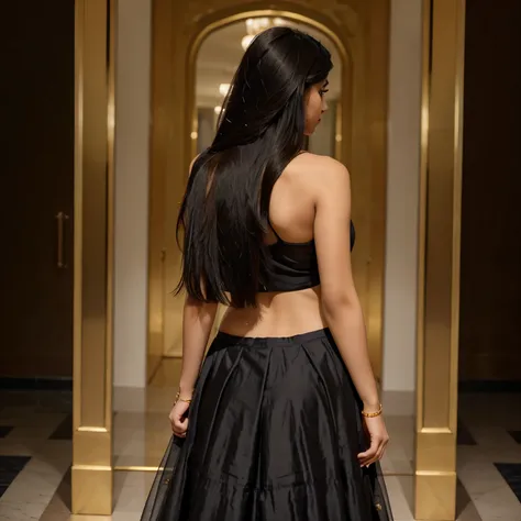 A girl wearing a fully covered golden lehnga with long Black straight hair back side