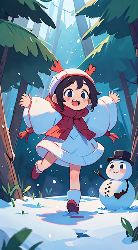 a happy little girl with a snowman in the big winter forest with ate