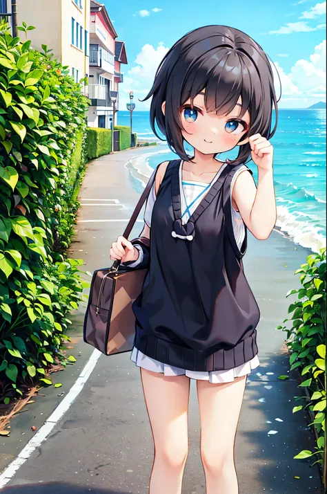 Shoulder sweater, Curly shorthair, hair scrunchie, Twin-tailed, kawaii pose、ssmile、Stroll along the seaside path