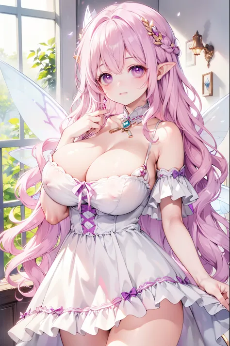 Female((30year old)), hair((pink, long, wavy)), eyes((big eyes, violet eyes)), clothes((fairy dress, panties)), accessories ((diamond ornaments, fairy wings)), big boobs, gigantic breast, korean make-up look, woods, lamp, smiling expression, lipgloss, pubi...