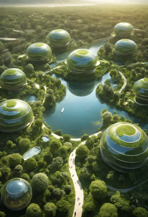 Utopian city on the oasis millstone, Jean Leon Jerome，Tens of thousands of meters from the earth, An oasis is a huge sphere surrounded by green plants. "airbubble"urban, like a bright gem, gleaming in the sunlight，These buildings are like forests of light ...