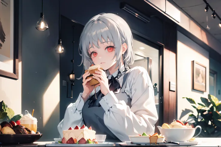 (masterpiece, top quality, best quality,official art, beautiful and aesthetic:1.2),(1girl:1.3), long gray hair, eating a lots of cakes