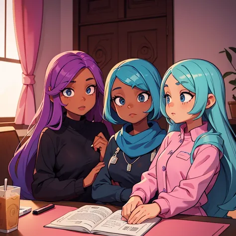 3 black skinned girls with, long light blue hair and eyes, and long bright purple hair and eyes, and long light pink hair, casual clothes,all black skinned, black skinned girls